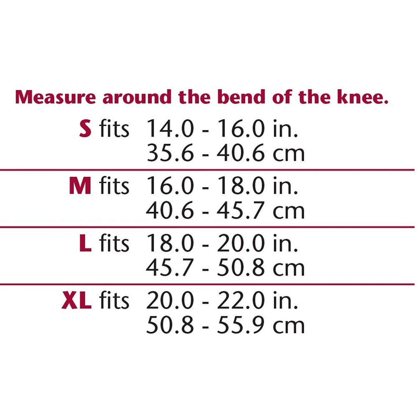 OTC Knee Support - Viscoelastic Insert, Size Chart